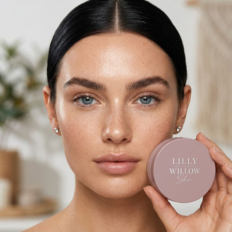 Model holding compact powder beside their face.
