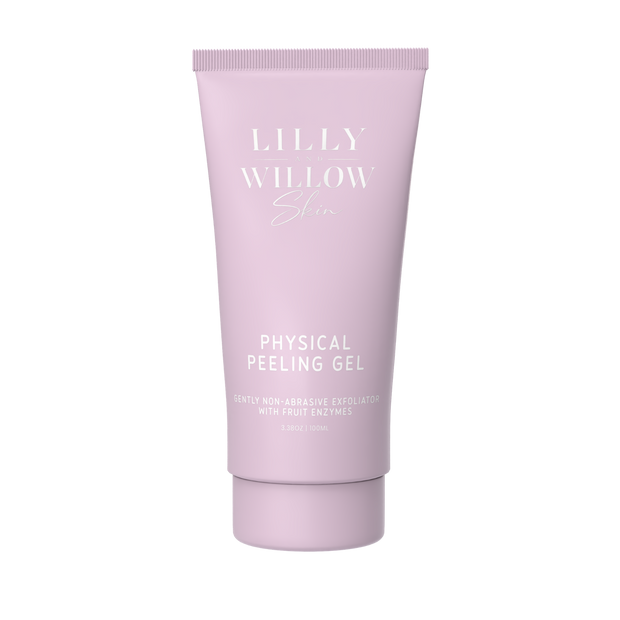 A lavender-pink squeeze tube of Lilly Willow Skin Physical Peeling Gel, featuring white text on a clean white background.