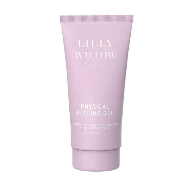 A lavender-pink squeeze tube of Lilly Willow Skin Physical Peeling Gel, featuring white text on a clean white background.