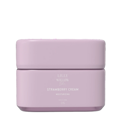 Strawberry Cream moisturiser in a pale pink jar with a matching lid.